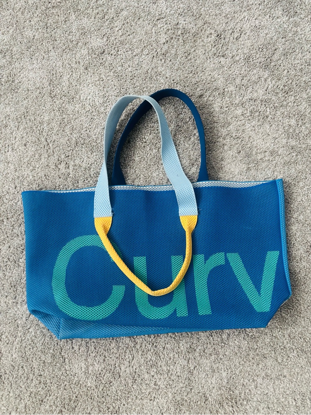 Blue Curv Logo Tote Bag with Light Blue & Yellow Handles